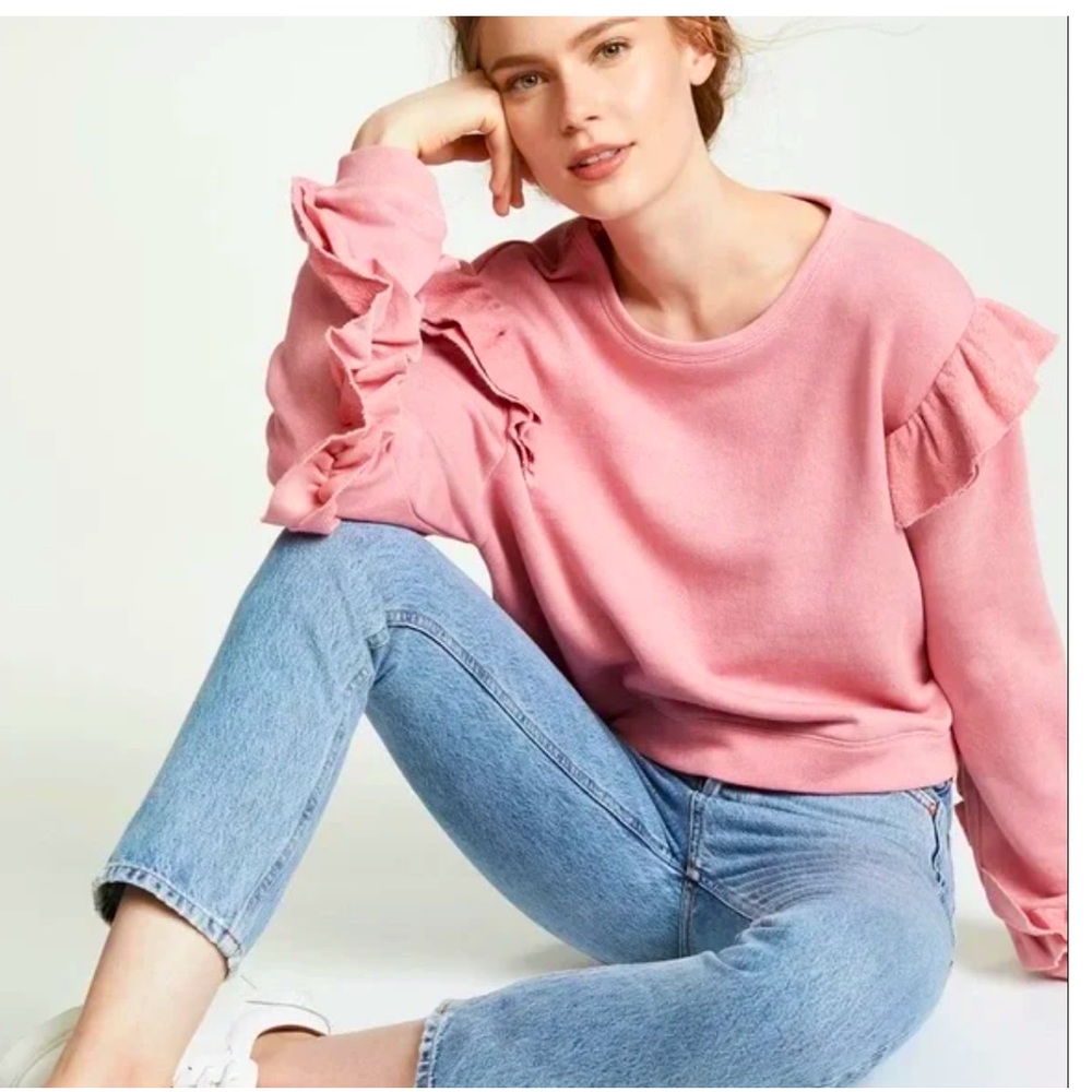 LoveShackFancy Cropped Ruffle Sweatshirt in Millennial Pink Small